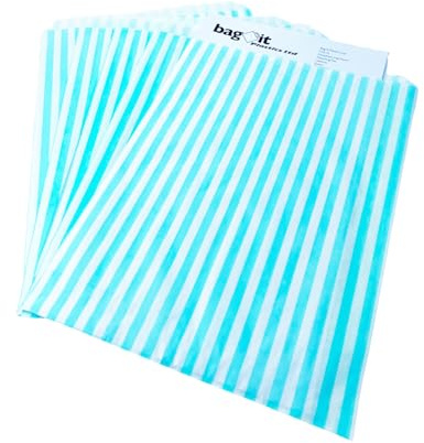 Bag It Plastics Candy Stripe Paper Sweet Bags - Aqua Blue, 10 x 14 / 250x350mm, Pack of 100 - Premium UK Made Sweet, Popcorn, Wedding Favours & Cookie Bags