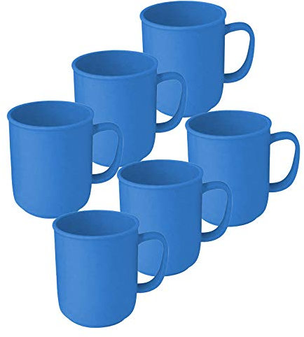 6 Tassen mit Henkel à 300 ml Blau, wiederverwendbar, aus Kunststoff, Kaffeetasse Teetasse Becher Henkelbecher Henkeltasse