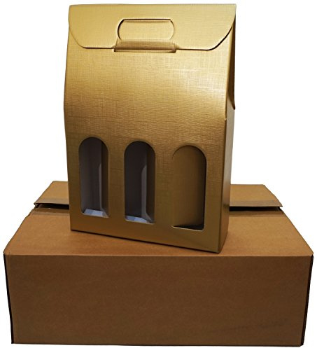 5 scatole Dorate per 3 Bottiglie Vino Verticali Modello bordolese, borgognotta robuste strenne Natalizie Cartone accoppiato e Maniglia Esterna cm.27x9x38,5h Seta Oro