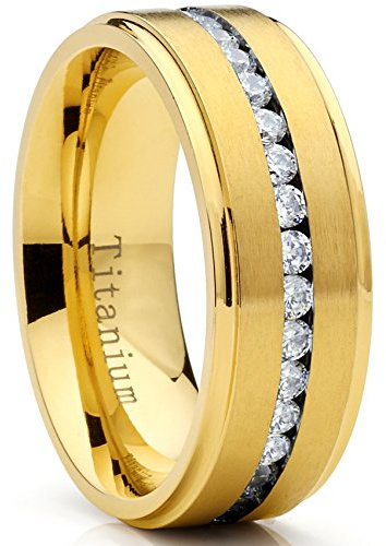 Metal Masters GoldTone Titanium Men's Eternity Wedding Band Ring with Cubic Zirconia CZ, Comfort Fit 8mm SZ 11