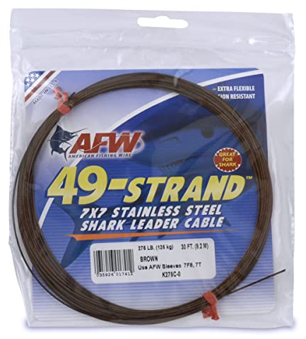 American Fishing Wire 49 Strand, 7x7 Stainless Steel Shark Leader Cable, 275 lb / 125 kg Test, .045 in / 1.14 mm Dia, Camo, 30 ft / 9.2 m