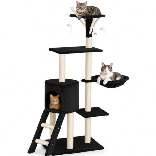 BAKAJI Tiragraffi per Gatti Albero Sisal Parco Giochi Gioco x Gatto Tira Graffi per Gatti Graffiatoio a colonna Arredo Altezza 144cm (Nero)