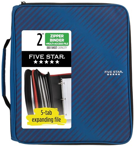 Five Star Zipper Binder, 2 Inch 3-Ring Binder with Round Rings, 5-Tab Expanding File, 380 Sheet Capacity, Cobalt Blue (72534)