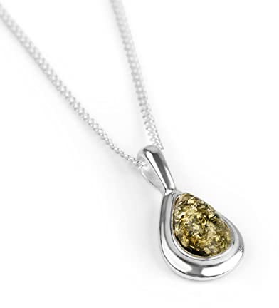 925 Sterling Silver and Green Baltic Amber Necklace, Birthstone Pendant, Bridesmaid Jewellery, Classic Teardrop Minimal Necklace