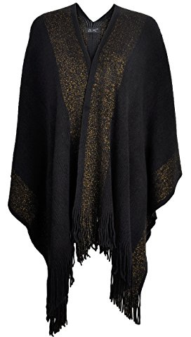 ZLYC Scialle da donna con finiture dorate in maglia, coperta avvolgente con frange poncho cardigan, nero, taglia unica