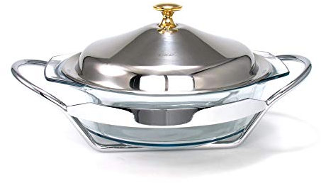 FranquiHOgar Fuente Redonda para Horno y microondas de Cristal con Tapa y Soporte de Acero Inoxidable