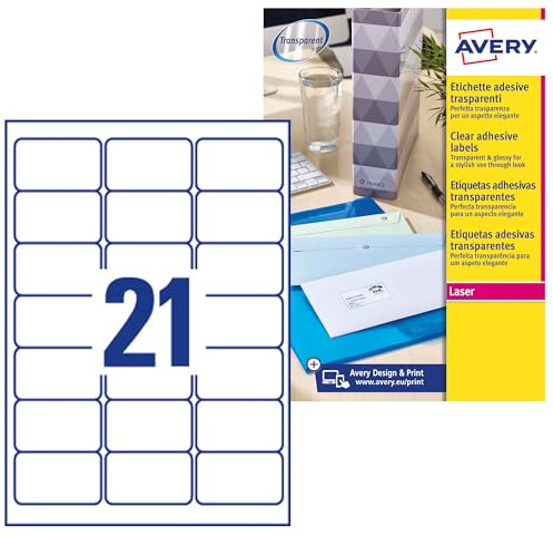 Avery España L7560-25. Etiquetas adhesivas transparentes brillantes (525 etiquetas invisibles, 63.5x38.1mm, impresora láser) Caja de 25 hj