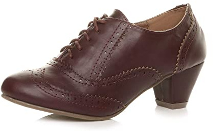 Ajvani Womens Ladies mid Block Heel Cut Out lace up Brogue Shoe Boots Booties, Bordeaux Matte Brogue, 8 UK