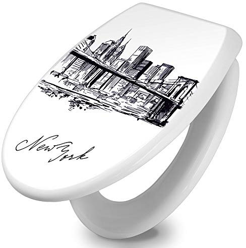 banjado Toilettendeckel mit Absenkautomatik 44,5x37cm / WC Sitz mit Absenkautomatik/Toilettensitz Duroplast mit Edelstahl Scharnieren/Klodeckel mit Absenkautomatik Motiv New York Skizze