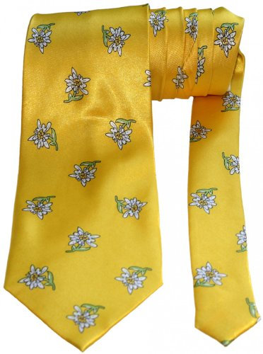 German Wear, edle bayrische Krawatte Trachtenkrawatte mit Edelweiß, Farbe:Gelb