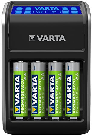 Cargador de enchufe con LCD de VARTA para pilas AA/AAA/9 V y dispositivos USB (incl. 4 AA 2100 mAh), negro