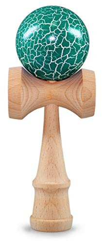 Ganzoo Kendama Jeu d’adresse Traditionnel Japonais en Bois de hêtre, Jouet de précision avec Boule percée, Corde Nylon et 3 coupelles, Turquoise Flash + Bois, 1 pièce