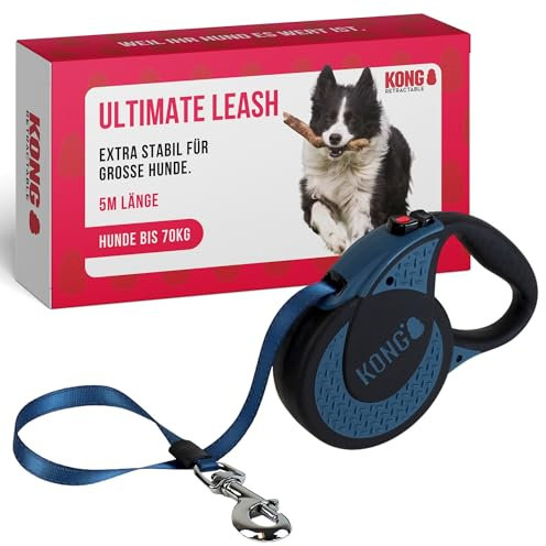 KONG ausrollbare Hundeleine Ultimate I Blau I Lange Leine für große & Starke Hunde I Hochwertige Rollleine mit Break & Lock System I Reflektierender Gurt I Länge 5 m I Größe XL bis 70 kg