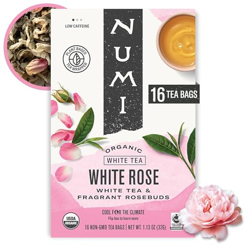 Numi Organic White Rose Tea, 16 Tea Bags, White Tea & Fragrant Rosebuds, Low Caffeine