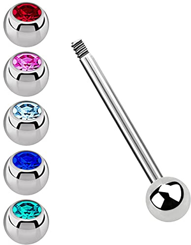 Modern Nature Piercingschmuck Titan Set, Lingua Piercing barretta con 1,6 mm di Spessore, a Scelta in 12 – 18 mm di Lunghezza con 5 Sfere di Pietra, Titanio, cod. TI-SET2-4