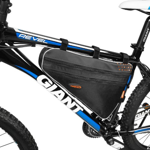 Ibera Bike Frame Bag - Slim Bike Pouch with 5L Capacity, 2-Zipper Compartments & Hook-and-loop Fastener - Fits Most Bikes - Water-Resistant & Reflective Bicycle Bag 16x17x11