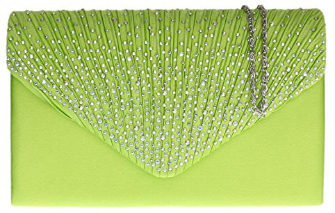 Girly Handbags Bolso de embrague de satén plisado cadena de hombro elegante baile noche de boda, lime green,