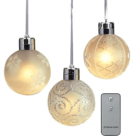 hellum Weihnachtsdekoration LED-Glaskugeln 3er- Set mit Fernbedienung, Mattes Glas, 3 warmweiße LEDs, ø8cm, Batteriebetrieben 520620