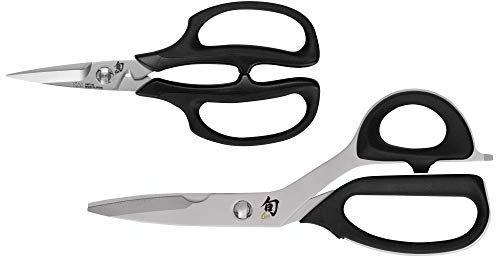 Shun Juego de 2 piezas, modelo DMS7000 Premium tijeras de hierbas son convenientes, herramientas de cocina imprescindibles para cortar limpiamente conchas, huesos finos, verdes foliosos, tallos y más, negro/plateado
