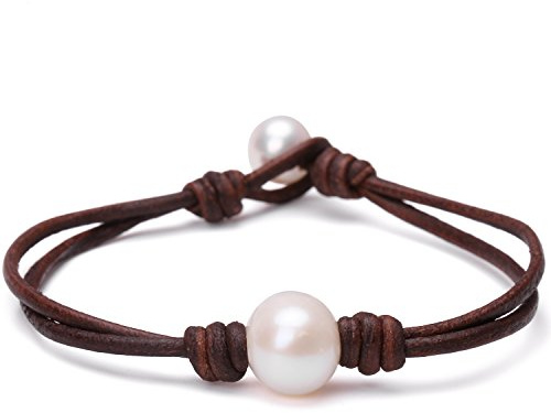 Aobei Pearl Single Freshwater Cultured Pearl Leather Bracelet Handmade Pearls Jewelry for Women 7 Dark Brown Leather White Pearl