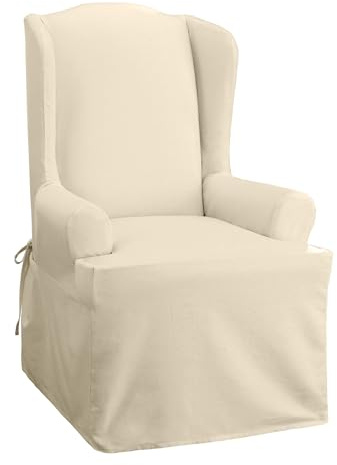 Sure Fit Home Décor Cotton Duck Solid T-Cushion Wing Chair One Piece Slipcover, Relaxed Woven Fit, 100% Cotton, Machine Washable, Natural Color