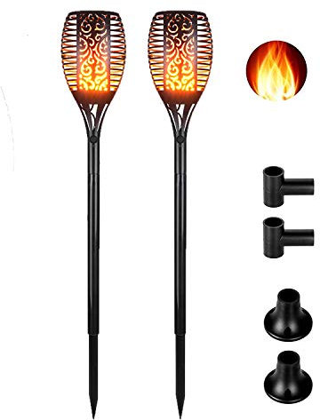 IMAGE Solar Torch Flame Garden Lights Solar Pathway Flickering Lighting Waterproof 96 LED Dancing Flame Realistic Light Dusk to Dawn Auto On/Off Security Path Lights for Patio Deck Driveway -2 Pack