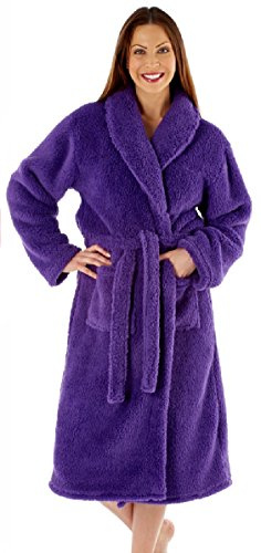 Ladies Luxury Soft Fluffy Fleece Dressing Gown Robe wrap Tie Belt (18/20, Purple)