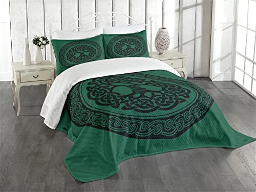 ABAKUHAUS keltisch Tagesdecke Set, Baum des Lebens Muster, Set mit Kissenbezügen Moderne Designs, für Doppelbetten 264 x 220 cm, Wald grün-schwarz