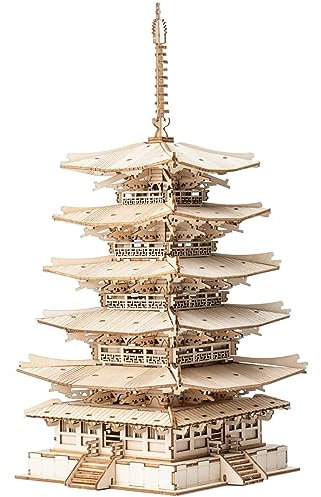 ROBOTIME 3D Puzzles Holz Mechanischer Modellbausätze DIY Fünfstöckige Pagode Bastelsets Kreative Puzzlesets Bestes Geschenk für Erwachsene zum Bauen