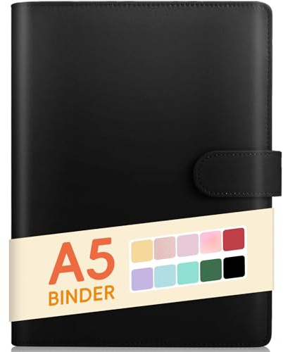 Sooez A5 Binder 6 Ring, Refillable Notebook Planner Cover, Small Leather Organizer Empty Binder for Budget,Journal,Photocard Holder,Recipe Book, Aesthetic Loose Leaf Binder with Magnetic Buckle