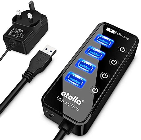atolla USB Hub with 4 USB 3.0 SuperSpeed Data Ports and 1 USB Smart Charging Port, USB Splitter with Individual On/Off Switches and 5V/3A Power Adapter