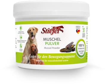 Stiefel Muschelpulver für Hunde, 100% naturbelassen, reines Naturprodukt aus neuseeländischer Grünlippmuschel, unterstützt den gesamten Bewegungsapparat, das Bindegewebe & die Gelenkfunktion, 200g