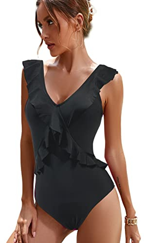 JFAN Trajes de Baño de Una Pieza para Mujer Monokini Ropa de Baño Cuello en V Floral Volantes Traje de Una Pieza Bikini Bañadore Set Negro,XL