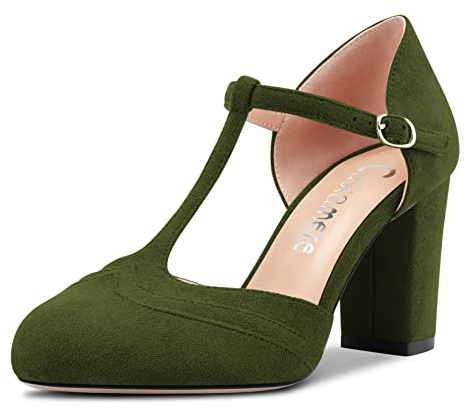 Castamere Donna Chunky Blocco Alto High Tacco Heel Rotonda Punta Pumps T-Strap Fibbia da Matrimonio Ufficio 8.5 CM Heels Verde 38 EU