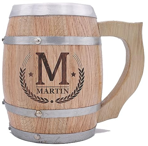 My Personal Memories Customized 24 oz Oak Wood Barrel Beer Mug Tankard with Handle and Stainless Steel Interior (Name Initial Styles)