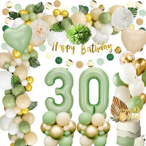 Deko 30.geburtstag Frau,30.Geburtstag Männer Frauen,Luftballon 30.Geburtstag Grün Gold,Geburtstag 30 Deko,Geburtstagsdeko 30 mit Happy Birthday Banner,Papier Pompom für 30.Geburtstag Dekorationen