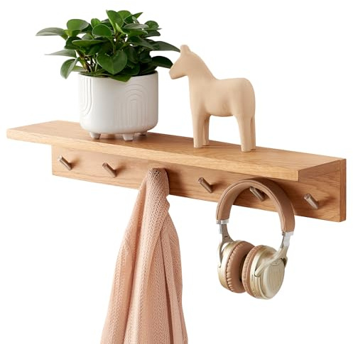 OAKERLAND Holz Wandregal mit Haken, 70cm Wand Garderobenleiste mit Ablage Eiche Schweberegal, Wandgarderobe mit Brett für Jacken, Garderobenhaken für Mäntel, Schals