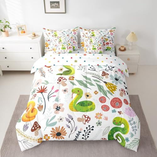 Erosebridal Kawaii Snake Comforter Set 7 Piece Bed in a Bag Twin,Mushroom Floral Cartoon Animal Bedding Sets Watercolor Flowers Leaves Sheet Set with Comforter