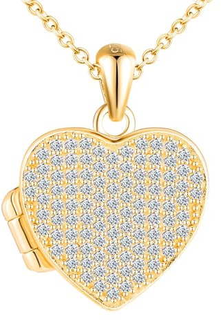 MICSAVI Collana Cuore Medaglione Zirconi Portafoto in Argento 925 per Donne, Ciondolo Cuore di Pietre di Zirconia, Catena 45+5cm Collana di Foto Personalizzata per Mamma Fidanzata