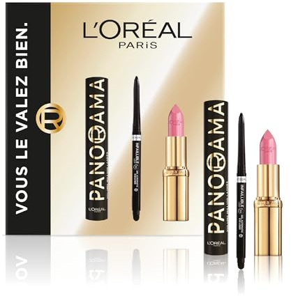 L'Oréal Paris - Coffret Cadeau - Mascara Panorama All Night Black, Eyeliner Infaillible Grip Liner Noir, Rouge à Lèvres Color Riche Satin Rose Tendre - Tailles Réelles