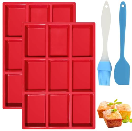 2 moldes de silicona para hornear, moldes de silicona para hornear, mini moldes para tartas, con cepillo de aceite y raspador, moldes pequeños para pan, brownies, chocolate, jabón, resina (31,5 x 21 x