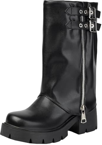 XIEPP Eleganti stivali da donna con punta rotonda e gambale medio, con fibbia in metallo, stivali slip-on combat con tacco grosso per uso quotidiano, Nero , 42 EU