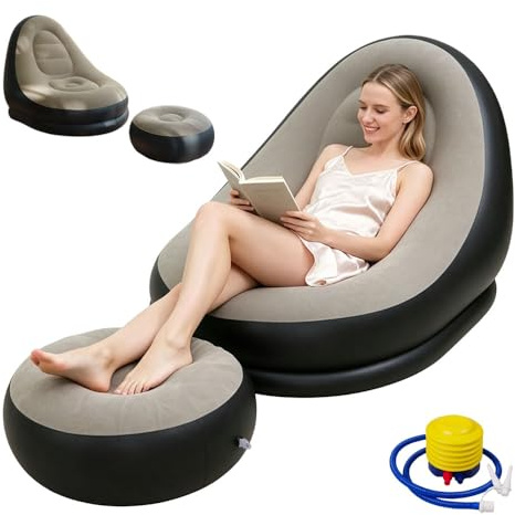 Jonuin Inflatable Sofa, 2-Piece Inflatable Lounge Chair & Footstool, Blow Up Sofa with Foot Pump for Bedroom, Living Room, Garden & Outdoor Camping Relaxing Gaming (125x105x100cm)