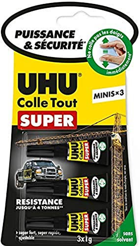 UHU Colle tout super - Colle instantanée gel super puissante, super rapide et super résistante, sans solvants, transparente, minis tubes 3 x 1g