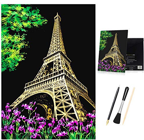 H HOMEWINS Kratzbilder 405 x 285 MM Weltberühmte Sehenswürdigkeiten Wandbild DIY Kunst Zeichnung City Night View Schwarz Beschichtet Bunte Kratzpapier mit Werkzeug Set (Eiffelturm)