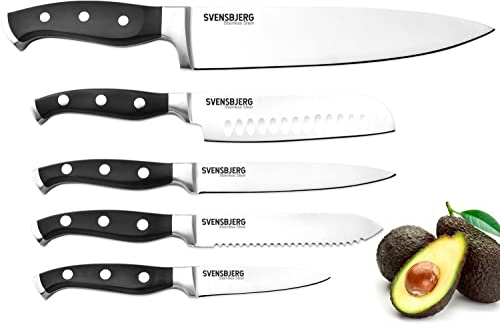 SVENSBJERG Küchenmesser Set, 5-tlg, Kochmesser Profi Messer, Küchenmesser Scharf, Scharfe Messer, Griffe Klassisch mit Schwarzem ABS Kunststoff | Obst, Gemüse, Fleisch | SB-KS201