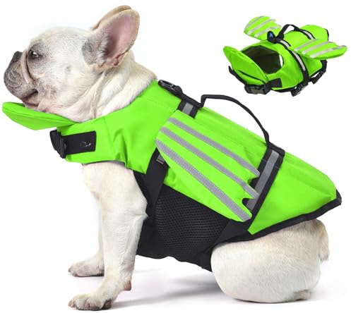 Petglad Hundflytjacka, söta vingar justerbar hundflytväst med hakflyta och handtag för simning, båtliv, reflekterande hög flytförmåga, simma flytväst för små medelstora hundar (grön, L)