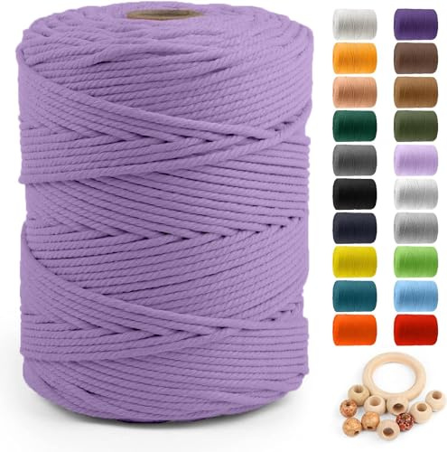 Macrame Cotton Cord 5mm x 328yds, ZUEXT Natural Handmade Light Violet Purple Braided Cords 4 Strands Knitted Rope String for Craft Wall Hanging Weaving Tapestry Dream Catchers Hanger DIY Gift (300m)