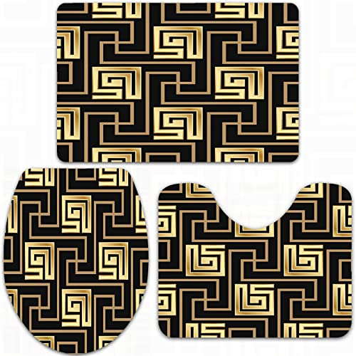 URSOPET Badteppich-Set 3-teilige, rutschfeste,Geometrischer Mäander Schwarz und Golden Griechenland Griechische Fliesen Gold,rutschfeste Badematte, U-förmiger Konturteppich und Toilettendeckel