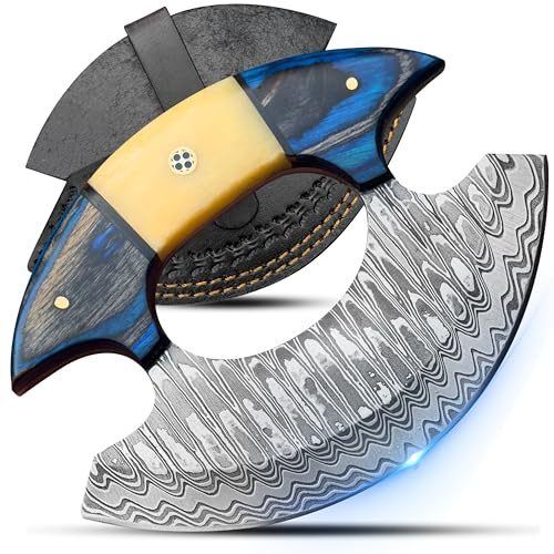 Custom Handmade Damascus Steel Ulu Knife - Alaskan Ulu Knife With Leather Sheath - Multi-Purpose Alaska Knives For Pizza cutting, Skinning, Chopping,Rocking, Mincing, Slicing, Meat & Herb - Bone with pakkawood Handle